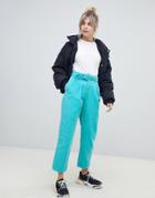 Asos Design Tapered Jeans With Curve Seam In Turquoise Cord With Self Belt - Blue