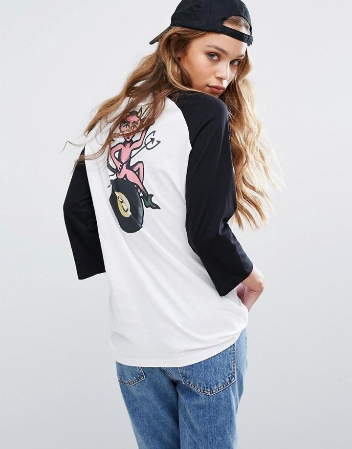 Rvca Oversized Raglan Baseball Top With 8 Ball Back Print - White