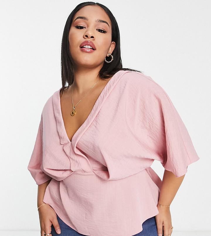 Asos Design Curve Tuck Detail Kimono Smock Top In Dusty Pink