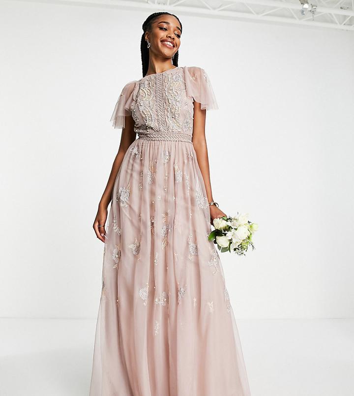Asos Design Tall Bridesmaid Pearl Embellished Flutter Sleeve Maxi Dress With Floral Embroidery In Rose-pink
