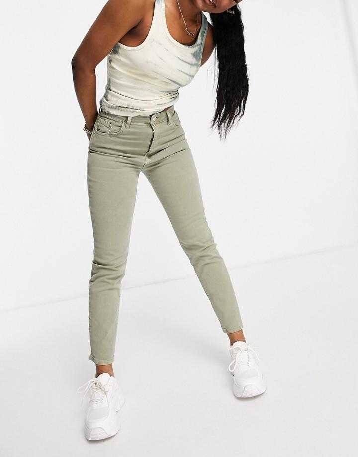 Stradivarius Slim Mom Jean With Stretch In Washed Khaki-green