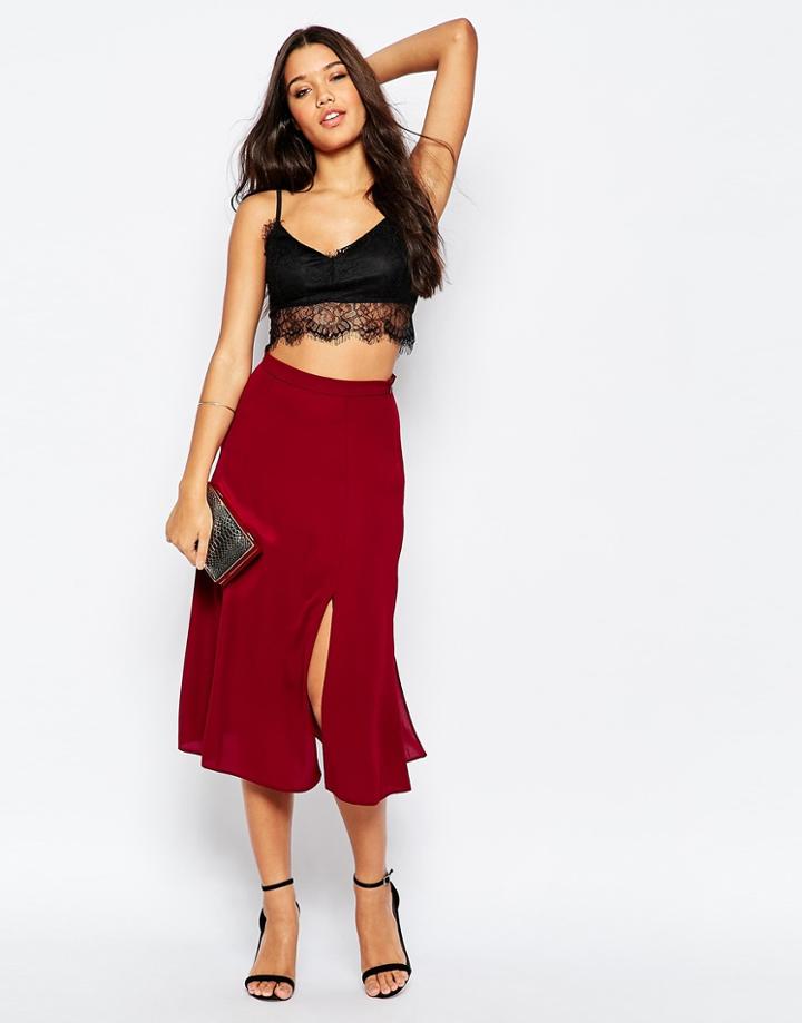 Asos Soft Midi Skirt With Splices - Burgundy