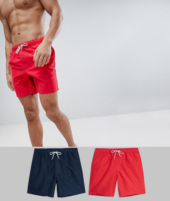Asos Design Swim Shorts 2 Pack In Red And Navy Mid Multipack Saving