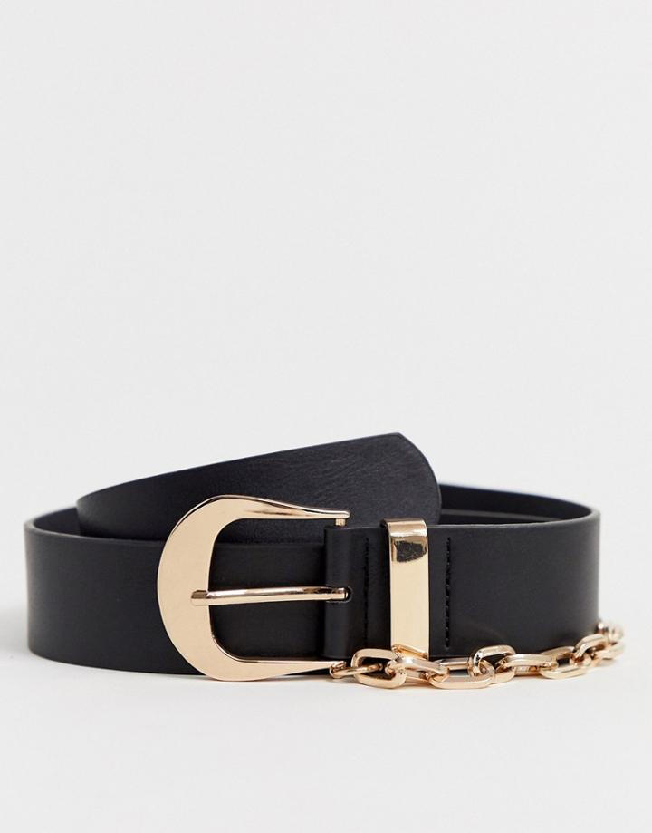 Asos Design Faux Leather Slim Belt In Black With Gold Buckle And Chain - Black