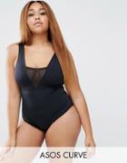 Asos Curve Mesh Insert Supportive Swimsuit - Black