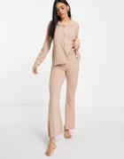 Asos Design Mix & Match Lounge Ribbed Flare Pants In Brown-neutral
