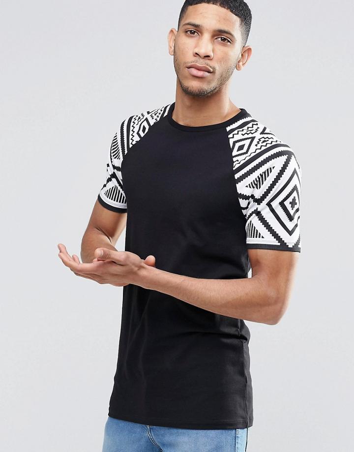 Asos Longline Muscle T-shirt With Aztec Raglan Sleeves - Black