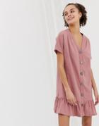 Asos Design Button Through Slubby Mini Dress With Pep Hem - Pink
