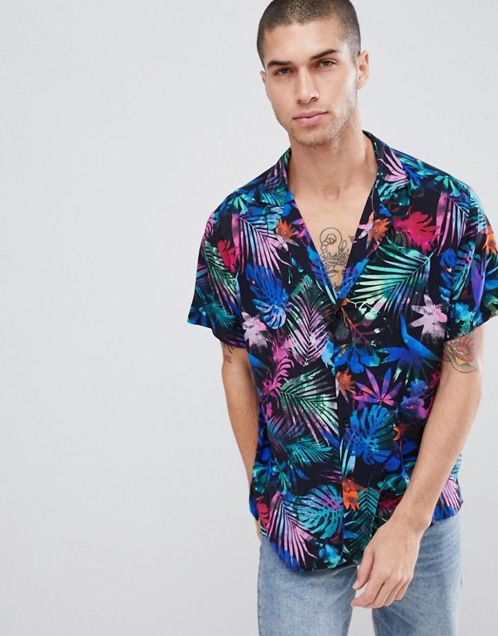Asos Design Oversized Tropical Hawaiian Print Shirt With Low Revere - Black
