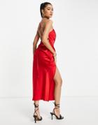 Asos Design Square Neck Satin Midi Dress With Drape Detail And Lace Up Back In Red