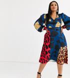 Liquorish Plus Satin Midi Dress With Pleat Detail In Multi Abstract Animal Print