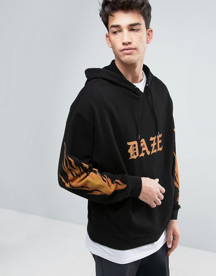 Asos Oversized Mock Tee Hem Hoodie With Flame Sleeve & Back Print - Black
