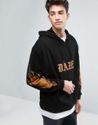 Asos Oversized Mock Tee Hem Hoodie With Flame Sleeve & Back Print - Black
