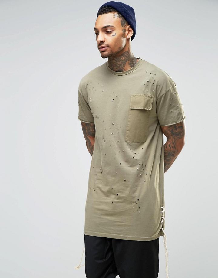 Granted Longline Distressed T-shirt - Khaki