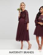 Maya Maternity Bell Sleeve Midi Dress In Tonal Delicate Sequin With Tulle Skirt And Kimono Sleeve - Red