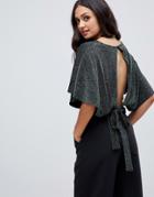 Miss Selfridge Backless Top With Angel Sleeves In Green Glitter - Green