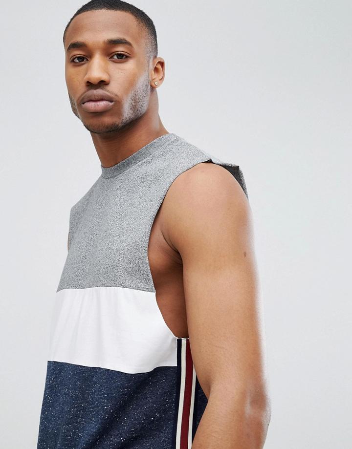 Asos Design Sleeveless T-shirt With Curved Hem In Intrest Fabric Color Block And Contrast Side Taping - Navy