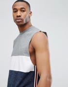 Asos Design Sleeveless T-shirt With Curved Hem In Intrest Fabric Color Block And Contrast Side Taping - Navy