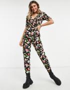 Asos Design Ruched Sleeve Peg Leg Jumpsuit In Floral Print-multi