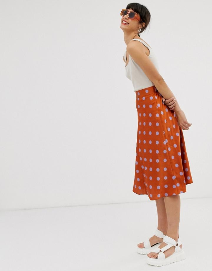 Monki Polka Dot Satin Midi Skirt In Rust And Lilac - Orange