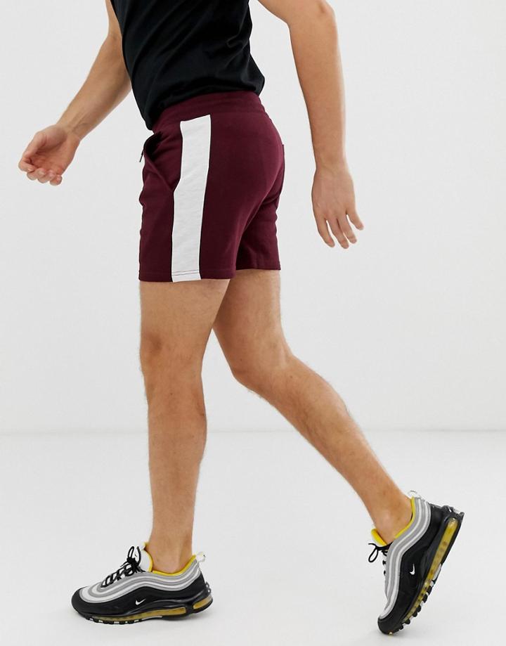 Asos Design Jersey Skinny Shorts In Shorter Length With Side Stripe In Burgundy - Red