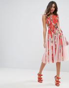 Asos Floral Mesh Insert Fit And Flare Midi Dress - Multi