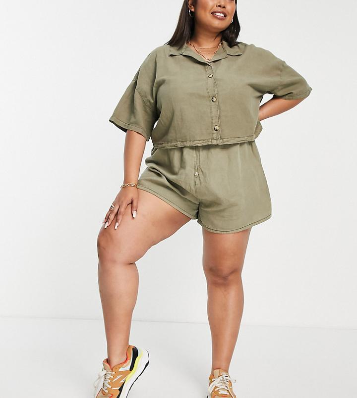 Asos Design Curve Ruffle Shorts In Washed Khaki Linen - Part Of A Set-orange