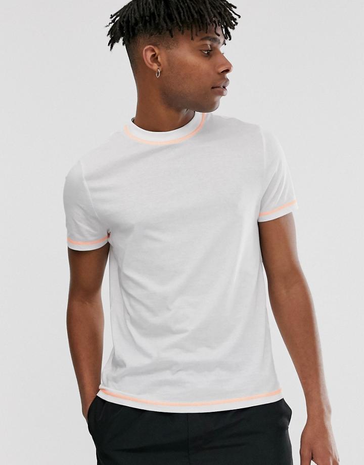 Asos Design Organic T-shirt With Crew Neck In White With Neon Orange Flatlocking