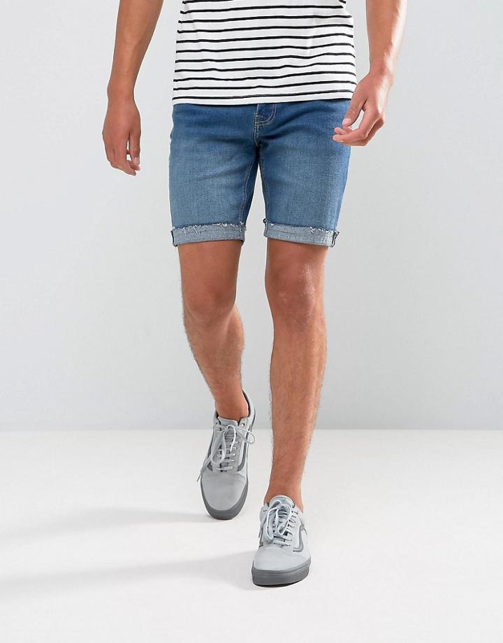 Bershka Skinny Denim Shorts In Mid Wash - Blue