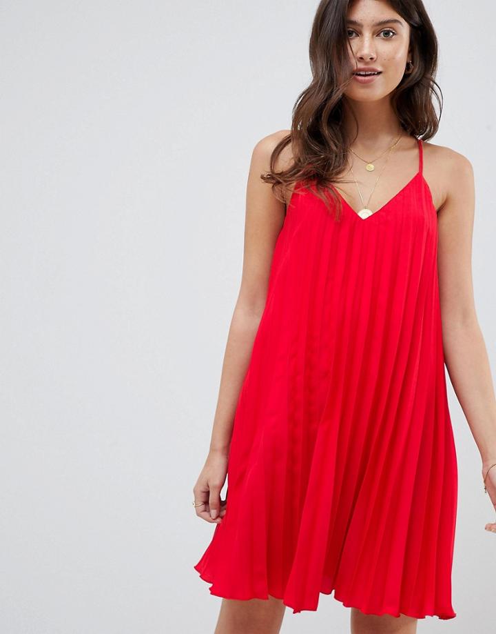 Asos Design Pleated Swing Cami Mini Dress-red