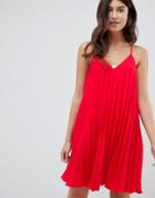 Asos Design Pleated Swing Cami Mini Dress-red
