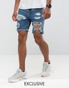 Granted Skinny Shorts In Mid Blue With Distressing - Blue