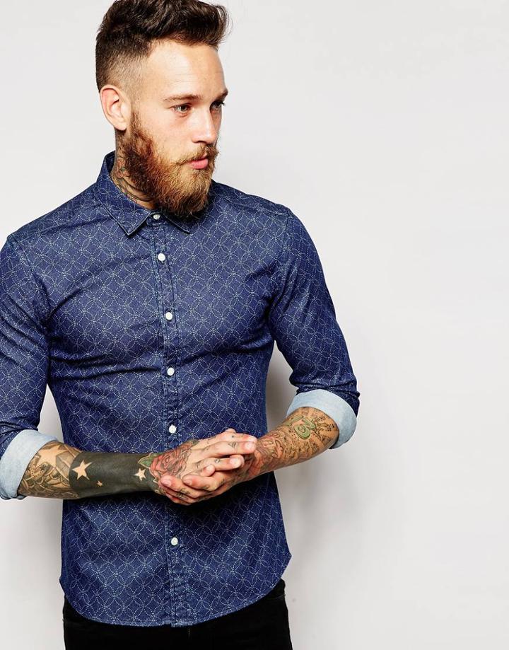 Asos Skinny Shirt In Long Sleeve With Spirograph Print - Blue