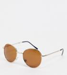 South Beach Minimal Round Foldable Sunglasses In Gold With Brown Lens