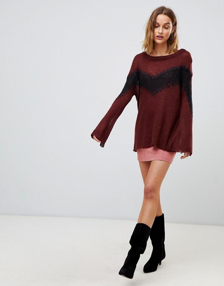 Moon River Color Block Knit Sweater-brown