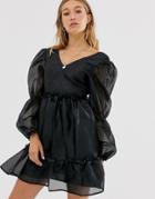 Na-kd Organza Mini Smock Dress In Black