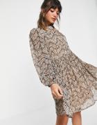 Vila Smock Mini Dress With Balloon Sleeves And Button Front In Abstract Animal Print-multi