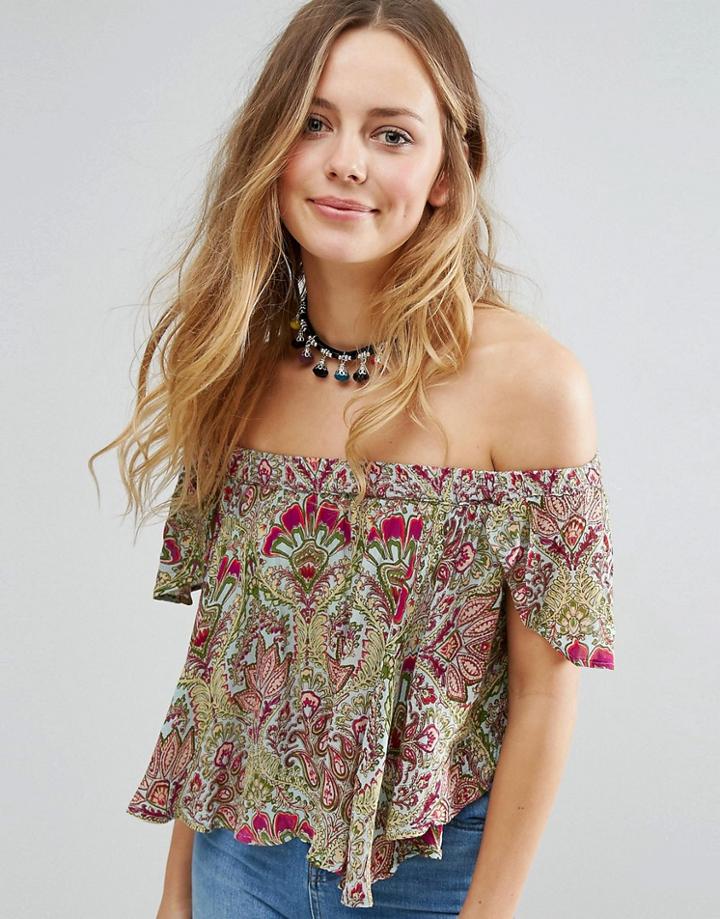 Raga Desert Flower Printed Bardot Crop Top - Green