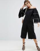 Asos Off Shoulder Jumpsuit With Tiered Sleeve - Black