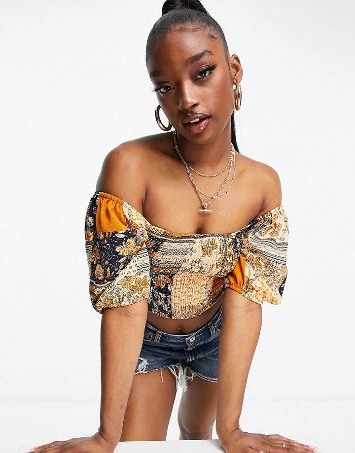 Parisian Shirred Body Off Shoulder Crop Top In Scarf Print-multi