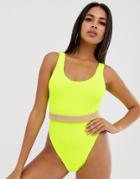 Asos Design Faded Fluro Yellow Crinkle Scoop Swimsuit With Contrast Neutral Belt - Yellow
