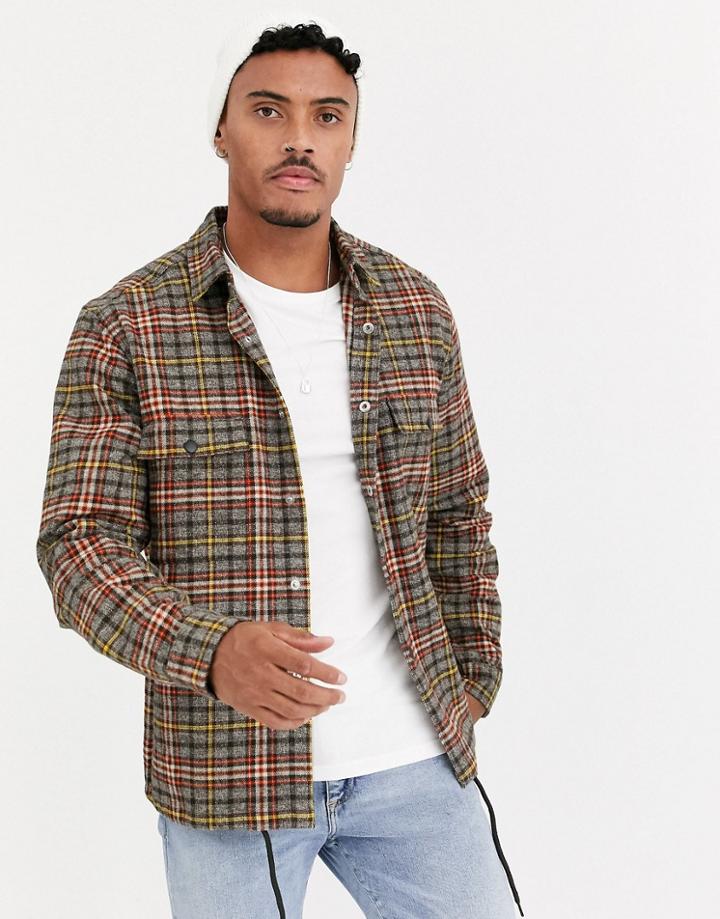 Asos Design Boxy Check Shirt With Drawcord Hem-brown