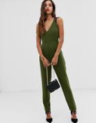 Asos Design Lace Trim Peg Leg Jumpsuit - Green