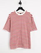 River Island Oversized Vertical Stripe T-shirt In Burgundy-purple