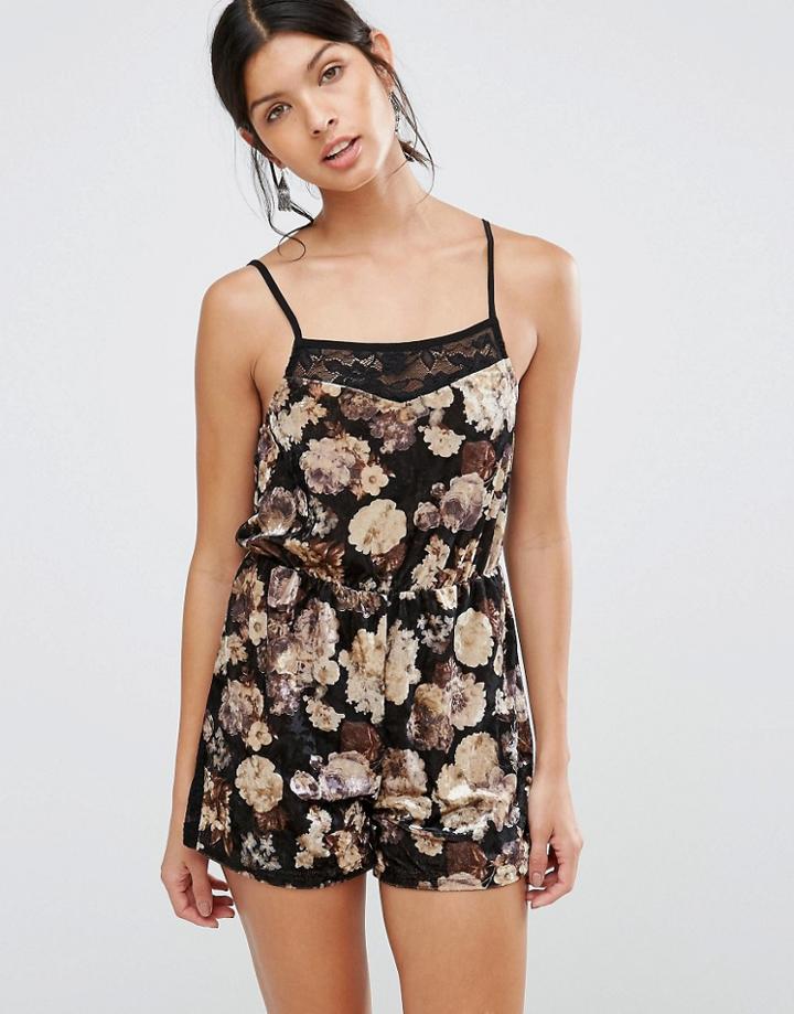 Love & Other Things Velvet Floral Romper - Black