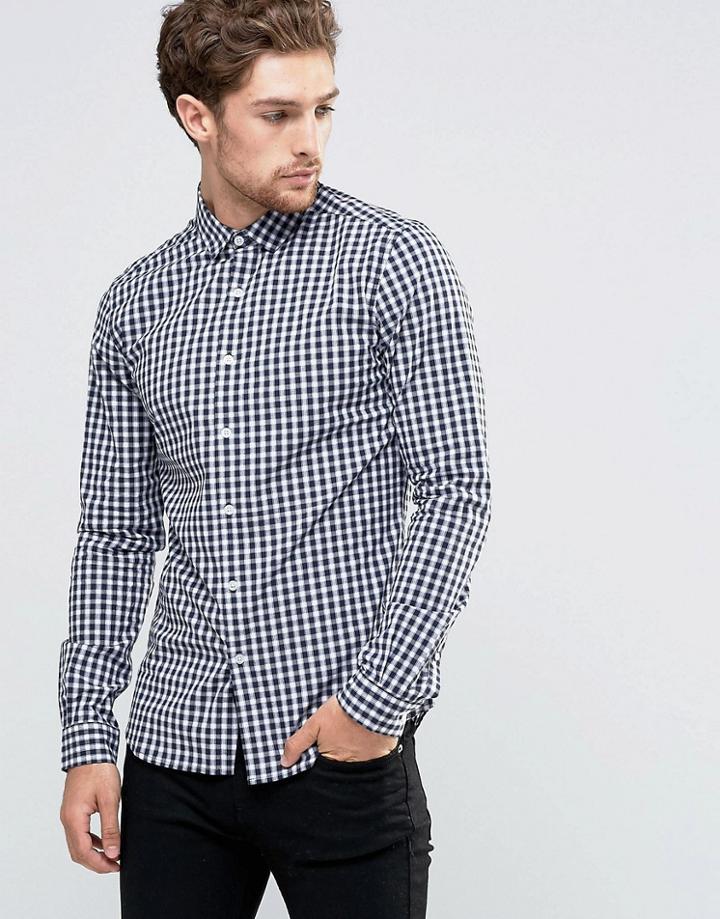 Asos Skinny Check Shirt In Navy - Navy