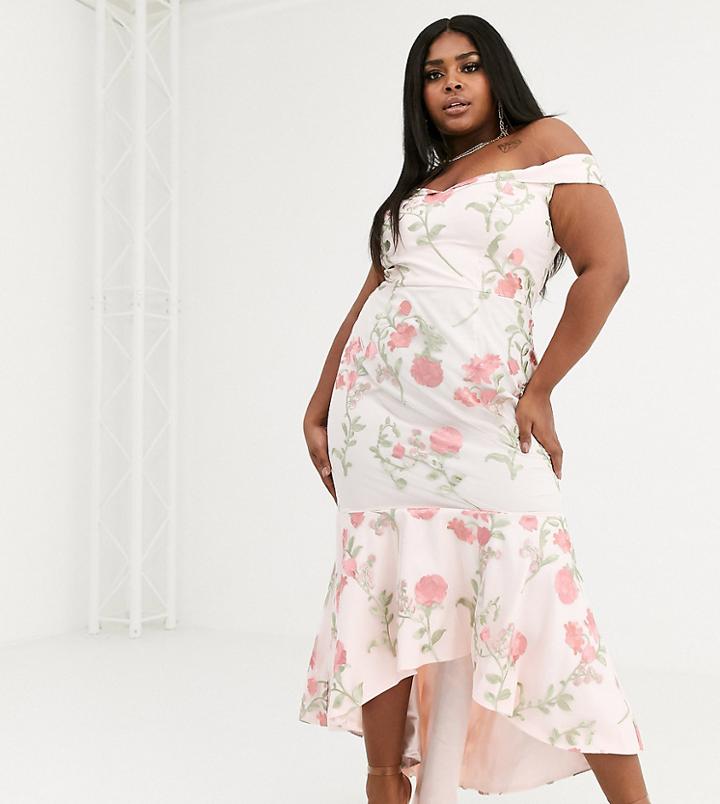 Chi Chi London Plus Bardot Fishtail Maxi Dress In Floral Embroidery - Multi