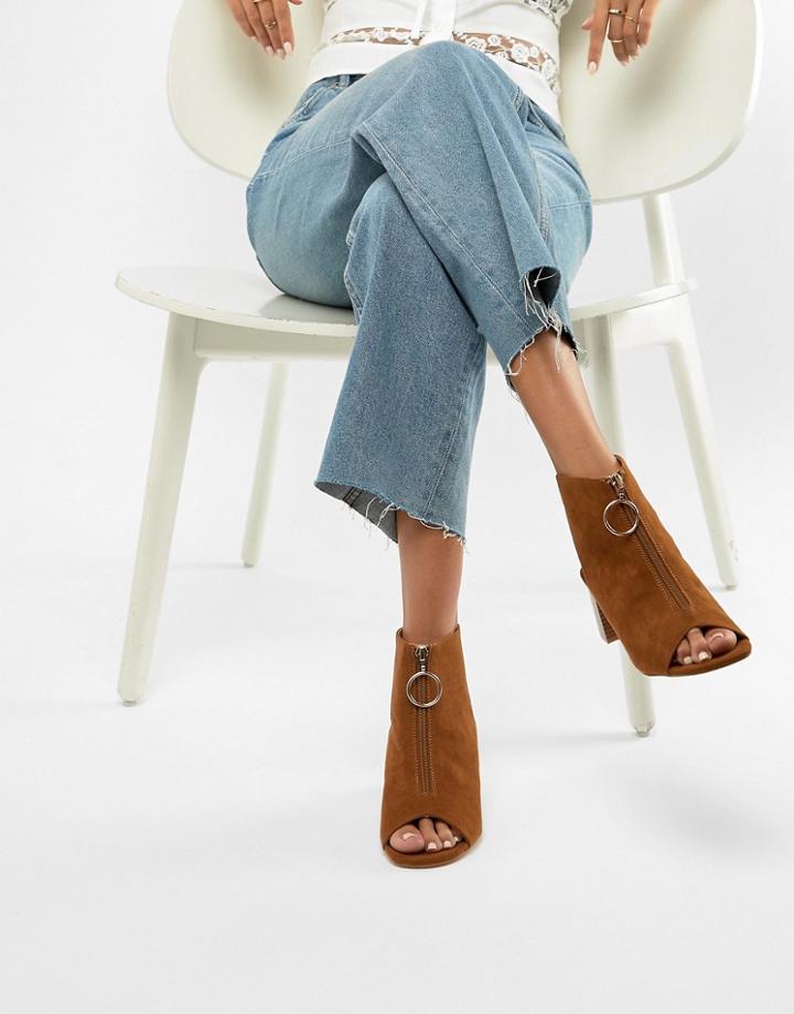 Miss Selfridge Zip Front Block Heel Shoe - Brown