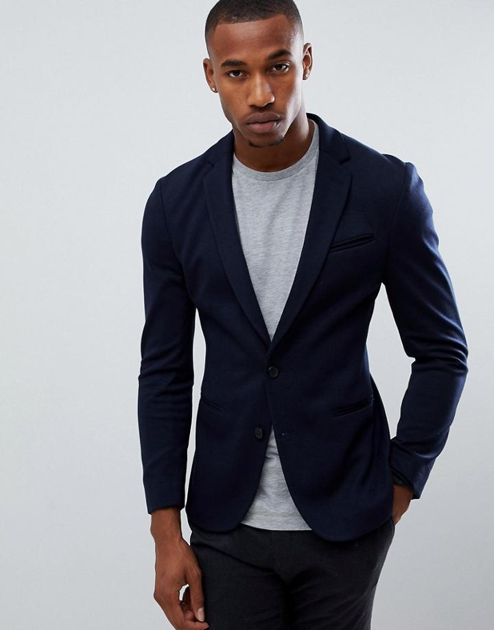 Asos Design Super Skinny Blazer In Navy Jersey - Navy
