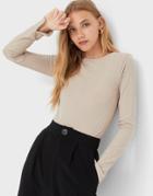 Stradivarius Ribbed Long Sleeve Top With Split Sleeve Detail In Beige-neutral